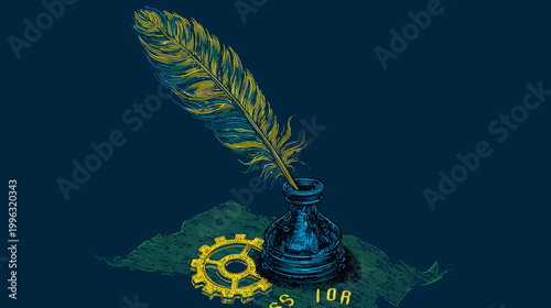 Illustration of a quill and inkwell with a gear, evoking writing and mechanics