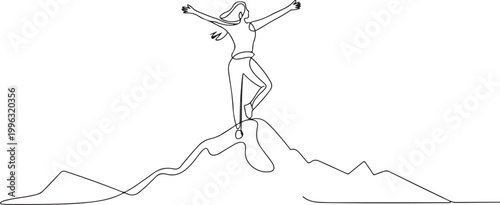 Happy woman. The girl rejoices in victory. Conquering the peak. Woman with outstretched arms. one line art icon drawing vector