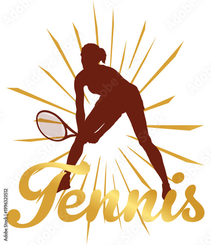 Golden tennis player silhouette with sunburst rays and elegant script. Luxury sport sticker for apparel, merchandise, posters and premium graphic design projects.