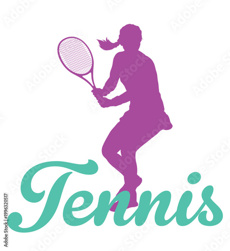 Purple female tennis player silhouette with teal elegant script. Modern sport sticker for t-shirts, merchandise, prints and creative graphic design projects. Stylish and vibrant.