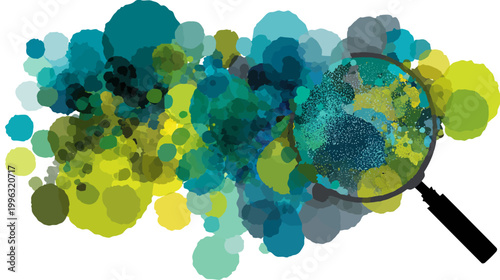 Abstract graphic features various colored circles, a magnifying glass and a white background