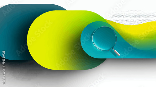 Abstract graphic design with shapes, gradient colors, and a magnifying glass