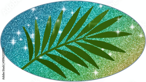 A dark green palm leaf is centered in a sparkly oval with a blue to green color gradient