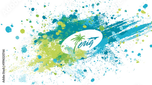 Colorful abstract design featuring splashes and splatters of turquoise, green, and white. A central oval