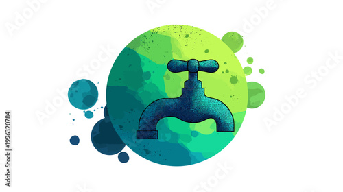 Colorful illustration with a tap. Watercolor circles and a textured tap graphic on white background