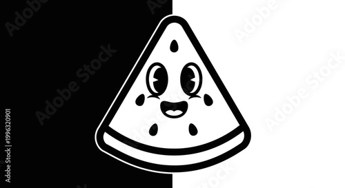 A cartoon slice of watermelon with a smiling face on black and white background.