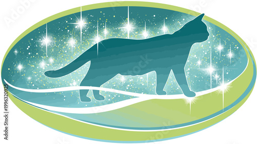A teal cat silhouette inside a glowing oval with a starry background and wave-like shapes