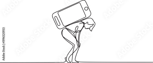 A woman carries a mobile phone on her back. Addiction to gadgets, even to the detriment of oneself. Social problem. one line art icon drawing vector