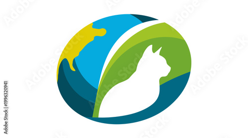 A stylized cat silhouette nestled within a colorful circular design with earth-like and leaf elements