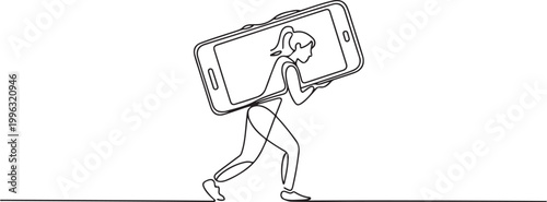 A woman carries a mobile phone on her back. Addiction to gadgets, even to the detriment of oneself. Social problem. one line art icon drawing vector