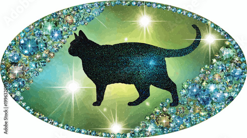 An oval-shaped illustration depicts a cat silhouette filled with pixelated patterns, set on a gem-studded backdrop