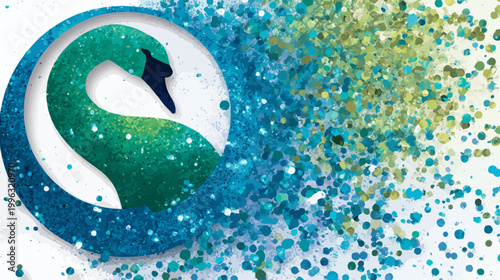 A swan with a teal and green body inside a circle with a glitter design, with floating accents