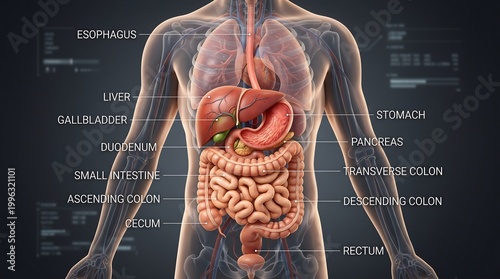 Human digestive system anatomy illustration.