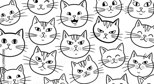 Hand drawn cat faces seamless pattern, cute kitten emoji doodle background, black and white feline character vector illustration for coloring book