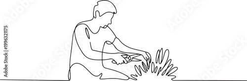 Single one line drawing of Gardener Trimming Garden Plants. Farming challenge minimal concept. one line art icon drawing vector