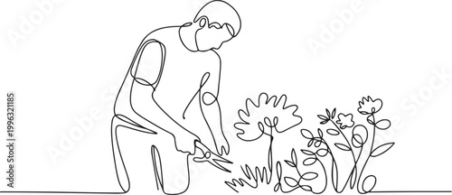 Single one line drawing of Gardener Trimming Garden Plants. Farming challenge minimal concept. one line art icon drawing vector