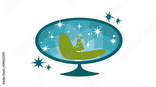 A retro-styled scene showing a floating green shape with a person-like form. Stars and an oval frame surround it