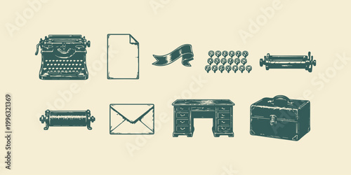 Vintage Office and Writing Elements Vector Set, Flat Minimal Retro Collection