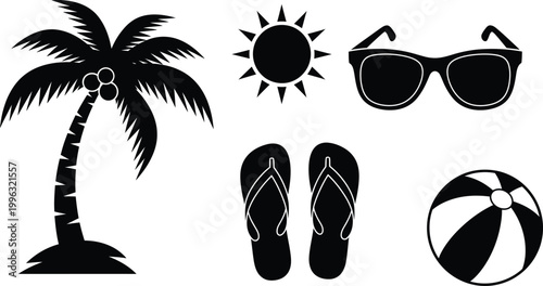 Summer vacation silhouette icons palm tree sunglasses beach flip flops ball isolated on transparent background