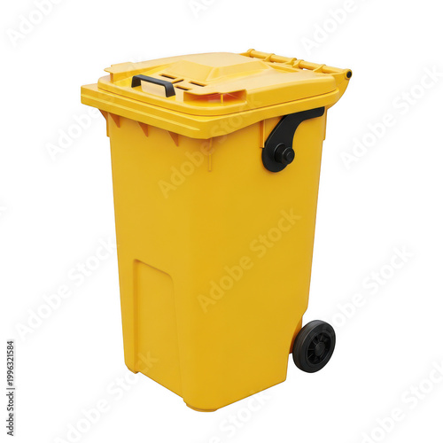 Yellow plastic trash bin with wheels and lid