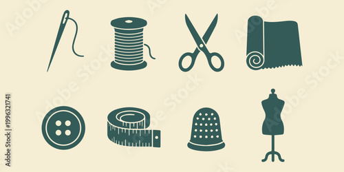 Needlework and Dressmaking Elements Vector Bundle, Clean Flat Sewing Illustration Pack