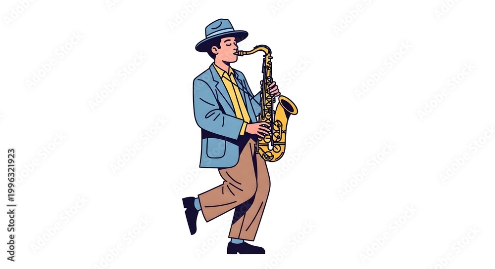 Naklejka premium Stylish Jazz Saxophonist Playing Saxophone in Motion