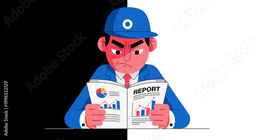 Cartoon man reading business report.