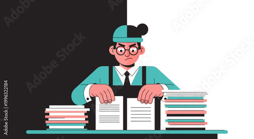 Cartoon man reading book at desk.