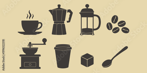 Coffee Preparation Essentials Vector Bundle, Clean Flat Beverage Illustration Pack