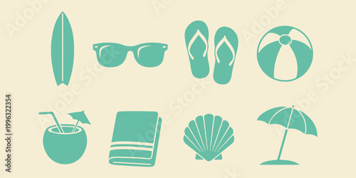 Beach Holiday Items Vector Bundle, Clean Flat Summer Lifestyle Illustration Pack