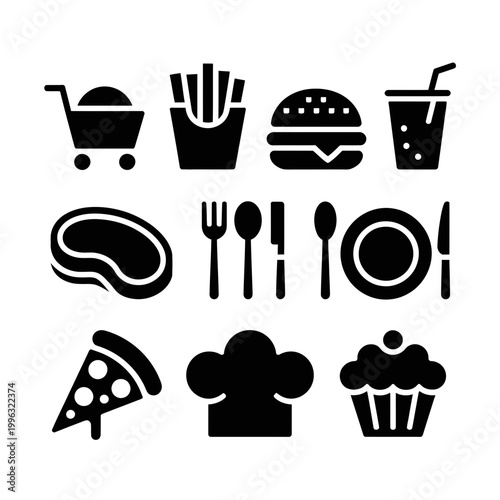 Food icon set including shopping cart and various dishes