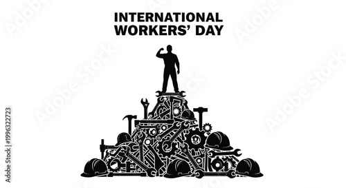 International Workers' Day celebration showing a strong worker proudly standing on a foundation of industrial tools.