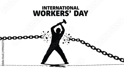 Silhouette of a worker breaking free from chains with a hammer for International Workers' Day.