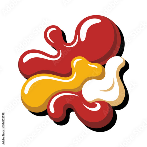 A colorful ketchup, mustard, and mayonnaise sauce splatter illustration