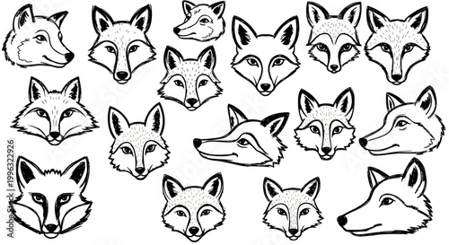 Fox head line art collection, set of 16 minimalist fox face vector icons, black and white wild animal portraits for logo design and branding