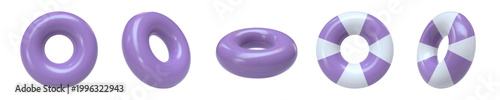 Vector set of realistic 3D rendered swimming rings. Inflatable swim rings in soft pastel purple and purple-white striped. Round Pool floats, rubber rings shown from different angles, isolated.