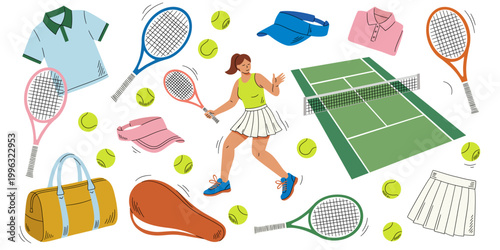 Tennis collection in hand drawn style. Sports equipment, tennis racket, tennis player, ball, sports uniform, tennis court. Competition match attributes