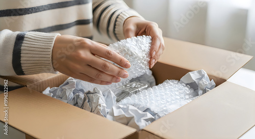 Person unpacking fragile item from cardboard box with bubble wrap in natural indoor lighting for shipping and delivery