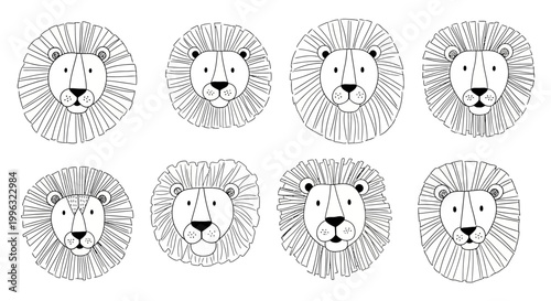 Minimalist lion head line art collection, hand drawn cute animal faces set, black and white safari predator illustrations for nursery decor and branding