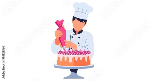 Professional Chef Piping Pink Icing on Cake in White Uniform