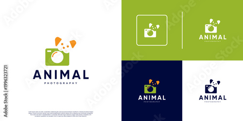 pet photography logo, with camera concept and cute friendly puppy, graphic design template.