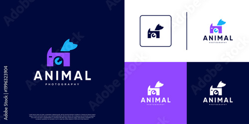 Colorful abstract logo of dog and camera, animal photography service symbol, graphic design inspiration.