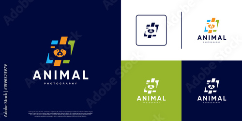 Moment capture logo with camera and dog head concept, pet photography symbol, graphic design template.