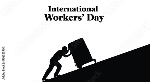 Silhouette of a hard working man pushing a heavy cart uphill for international workers day celebration