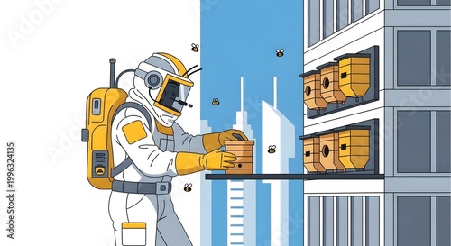 Astronaut Worker Handling Box at Urban Bee Pollinating Station