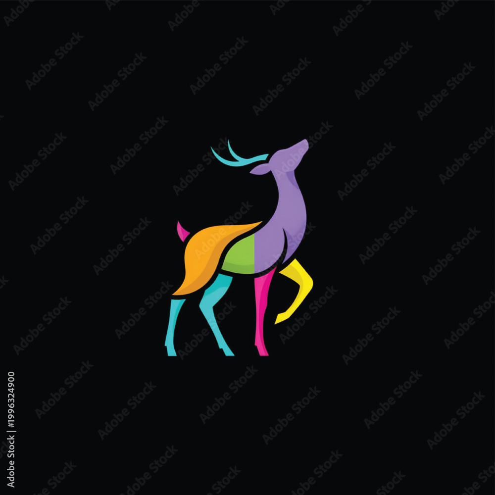 Fototapeta premium Deer logo icon with colorful abstract silhouette, wing-like shapes, and neon gradient design on dark background