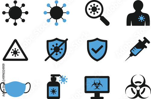 Medical Safety and Healthcare Icons Set. Virus, Shield, Mask, Syringe, Biohazard Vector Illustration
