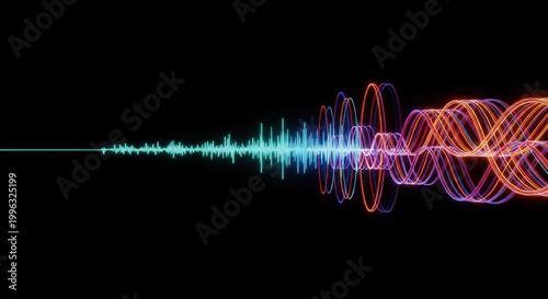Generative AI Music Visualization with Sound Waves Transforming into Luminous Visual Patterns Morphing from Teal Frequency Waves to Colorful Abstract Shapes Across Dark Background