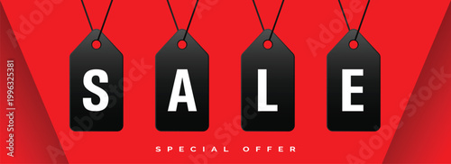 sale tags hanging on red background vector illustration flat design