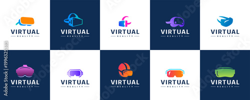 virtual reality glasses logo collection, vision technology, monitoring, mapping, graphic design illustration.